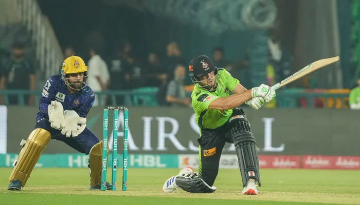 Lahore Qalandars Mohammad Naeem plays a shot during their PSL 10 match against Quetta Gladiators at the Gaddafi Stadium in Lahore on May 1, 2025. — PCB