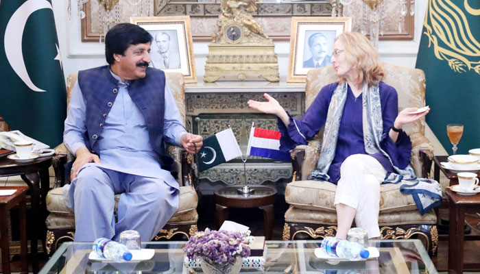 Punjab Governor Sardar Saleem Haider Khan (left) exchanges view with Ambassador of the Netherlands to Pakistan Mrs Henny de Vries (right) during a meeting on May 2, 2025. — Facebook@sardarsaleemhaidergroup