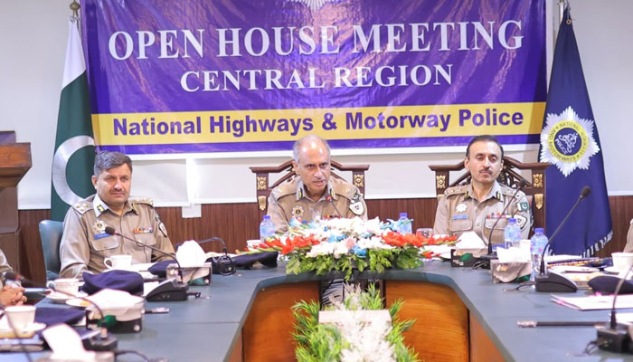 Inspector General of Motorway Police BA Nasir (centre) speaks in a meeting during his visit to central region office Lahore on May 2, 2025. — Facebook@NHMPofficial