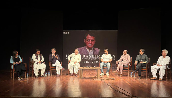 Participants speaks during a reference for the late tabla player Ustad Bashir Khan at National Academy of Performing Arts (Napa) on May 2, 2025. — Facebook@NAPA.Karachi