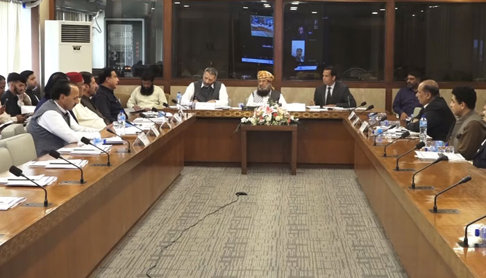 Chairman Standing Committee of the National Assembly on Housing and Works  Maulana Abdul Ghafoor Haideri presides over a meeting at the Parliament House on May 2, 2025. — Screengrab via Facebook@NationalAssemblyOfPakistan