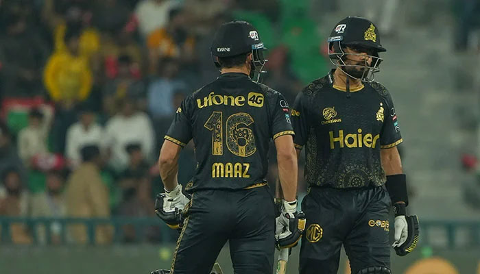 Peshawar Zalmi skipper Babar Azam and batter Maaz Sadaqat in action during their match against Islamabad United in the Pakistan Super League season 10 at Gadaffi Stadium, Lahore, May 2, 2025. — PCB