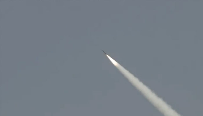 Launch of the Abdali weapon system can be seen, May 3, 2025. —Screengrab via Geo News