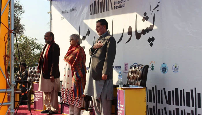 People stand on stage during the inauguration of The 3rd Peshawar Literature Festival on February 21, 2024. — Facebook/Peshawar Literature Festival