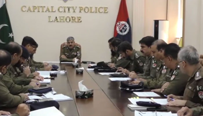 CCPO Bilal Siddique Kamyana chairs a meeting of the Investigation Wing at his office on October 20, 2024. — Screengrab via Facebook@Capital City Police Lahore