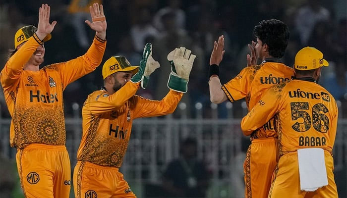 Peshawar Zalmi players celebrate a wicket during the PSL 10 match against Multan Sultans at Rawalpindi Cricket Stadium on April 19, 2025. — PCB
