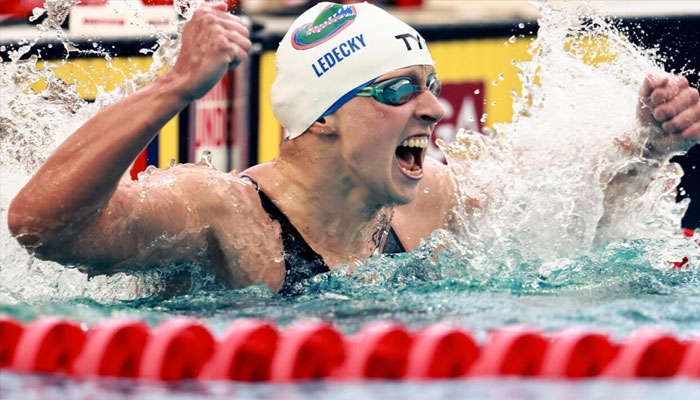 Katie Ledecky celebrates her world record in the 800m freestyle at the Pro Swim Series meeting in Fort Lauderdale, Florida. —AFP/File
