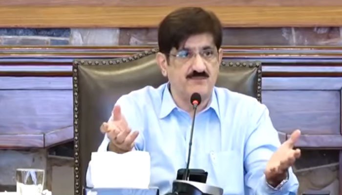 Sindh Chief Minister Syed Murad Ali Shah speaks during a meeting at CM House on April 30, 2025. — Screengrab via Facebook@SindhCMHouse