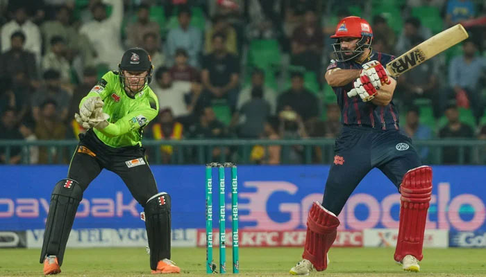 Karachi Kings Muhammad Irfan Khan plays a shot during their PSL 10 match against Lahore Qalandars at the Gaddafi Stadium in Lahore on May 4, 2025. — PCB