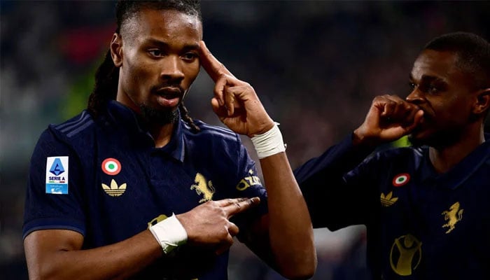 Khephren Thuram (left) celebrates after scoring Juventus opening goal against Verona. —AFP/File