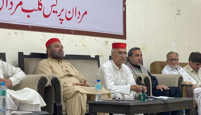 Awami National Party leaders speak during a press conference at the Mardan Press Club on May 5, 2025. — Facebook@Awami National Party District Mardan