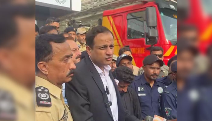 Karachi Mayor Barrister Murtaza Wahab speaks to the media after inaugurating the Yaadgar-e-Shuhada (Martyrs’ Memorial) at the Fire Brigade Headquarters on May 5, 2025. — Screengrab via Facebook@KmcPakistan