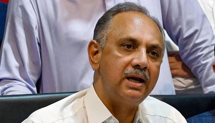 PTI leader Omar Ayub Khan addresses the media during a press conference in Islamabad on July 15, 2024. — AFP