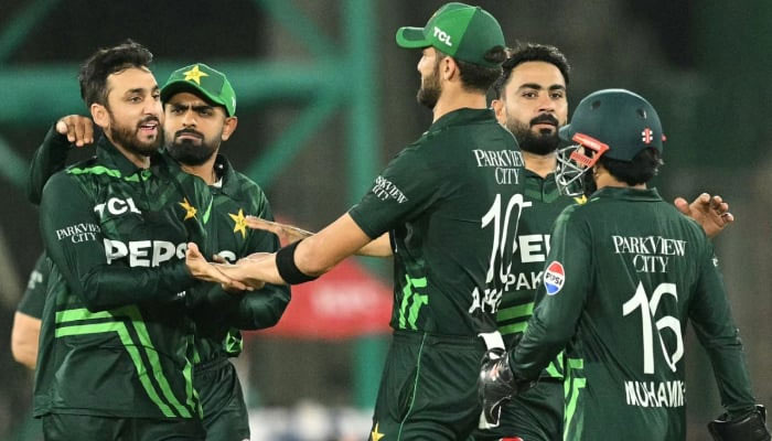 Salman Ali Agha celebrates after dismissing Kane Williamson in the ODI tri-nation series final between Pakistan and New Zealand at the National Bank Cricket Stadium in Karachi on February 14, 2025. — AFP