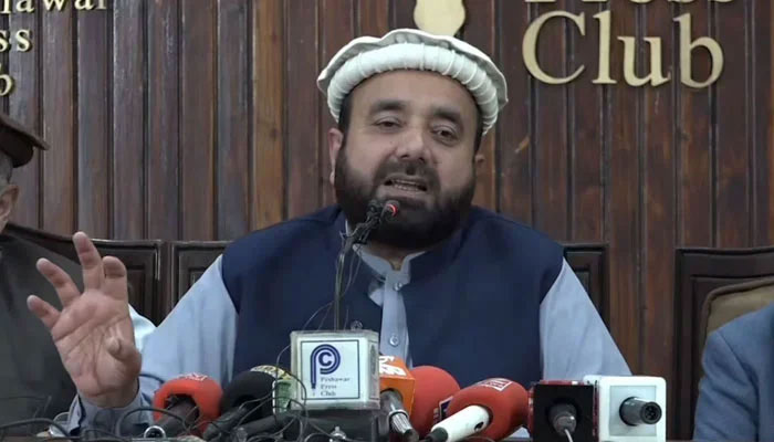 JI Khyber Pakhtunkhwa (Central) chief Abdul Wasi addressing a press conference at Peshawar press club on January 30, 2025. — Screengrab via Facebook@AbdulWasiPK61