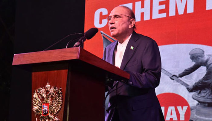 President Asif Ali Zardari speaking at a ceremony marking the 80th anniversary of the Victory of the Russian Federation in the Great Patriotic War, May 6, 2025. —Sabah