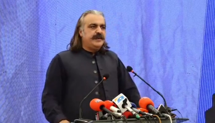 Chief Minister Ali Amin Khan Gandapur addresses a gathering after launching the Student Life Cycle Management system at the University of Engineering and Technology (UET) Peshawar on May 7, 2025. — Screengrab via Facebook@AliAminKhanGandapurPti