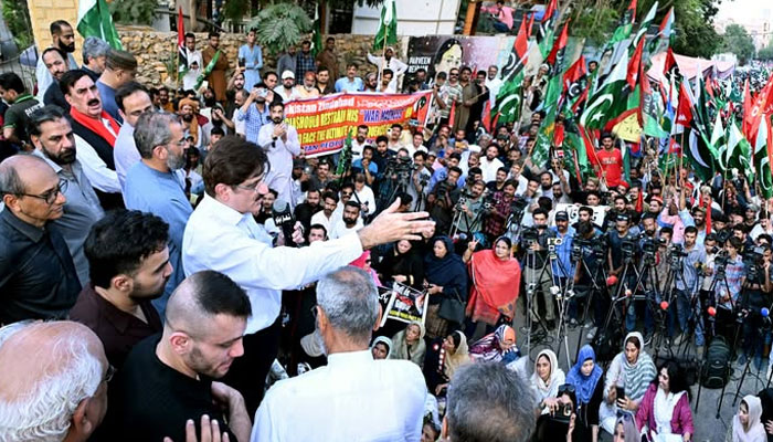 Sindh Chief Minister Syed Murad Ali Shah addresses a rally organised by the PPP-Karachi Division against Indian aggression at the Press Club on May 7, 2025. — Facebook@SindhCMHouse.