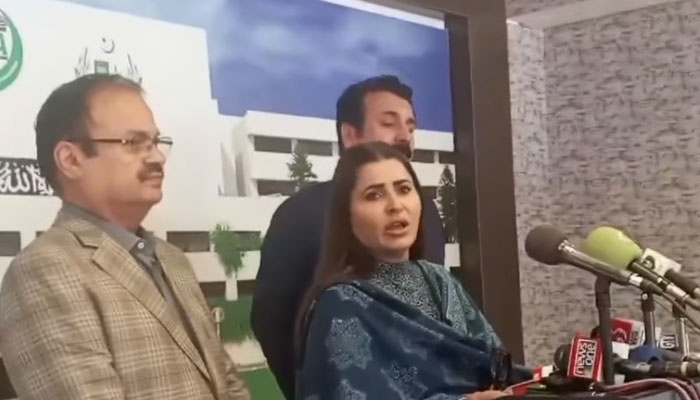 PPP Parliamentarians spokesperson Shazia Marri addressing a press conference outside the Parliament House on May 7, 2025. — Screengrab via Facebook@SyedAghappp