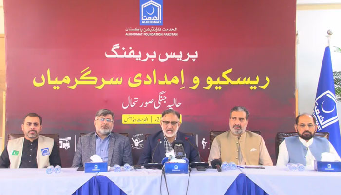 Alkhidmat Foundation’s secretary general Syed Waqas Jafri (centre) addressing a press briefing on MAy 8, 2025. — Screengrab via Facebook@alkhidmat.org