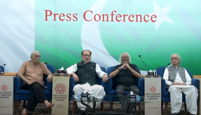 ACP President Mohammad Ahmed Shah (centre left) speaks during a press conference at Haseena Moin Hall of the ACP on May 8, 2025. — Screengrab via YouTube@acpkhi