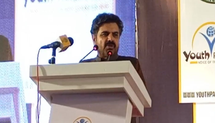 Sindh Minister for Energy, Development and Planning Syed Nasir Hussain Shah addresses the 5th Road Safety Conference on May 8, 2025. — Screengrab via Facebook@SNasirHussainshah