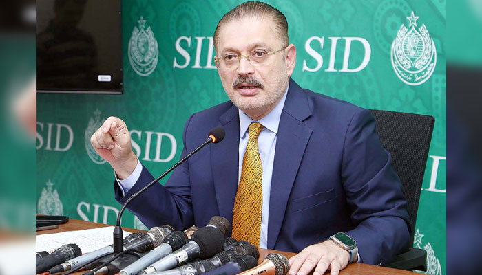 Sindh Senior Minister Sharjeel Inam Memon addresses to media persons during a press conference in Karachi on May 8, 2025. — PPI