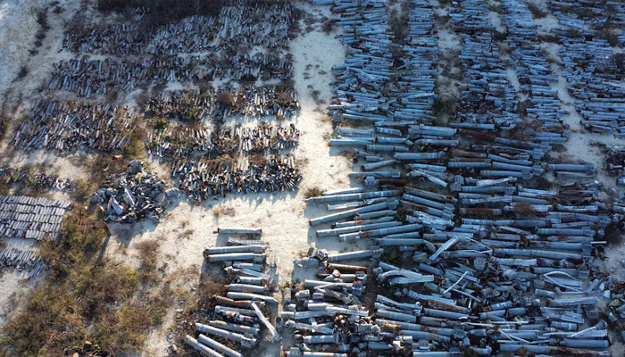 A view shows remains of MLRS and artillery shells, cruise and ballistic missiles used by Russian troops for military strikes on the city and collected by sappers in Kharkiv, Ukraine, November 29, 2022. — Reuters