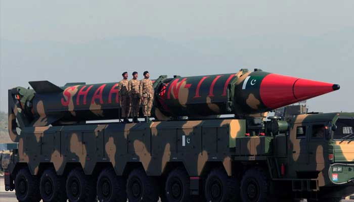 Pakistani military personnel stand beside a Shaheen III surface-to-surface ballistic missile during Pakistan Day military parade in Islamabad, Pakistan March 23, 2019.—TheNews