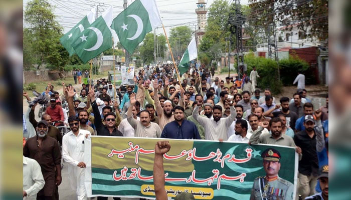 This representational image shows people are holding protest rally against Indian missile strikes in cities of Punjab and expressing solidarity with Pakistan Armed Forces on May 7, 2025. — PPI