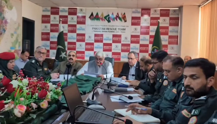Provincial Minister for Health and Emergency Services Punjab Khawaja Salman Rafique (centre) addressing a meeting at the Rescue Headquarters on May 10, 2025. — Screengrab via Facebook@SalmanRafiquePK
