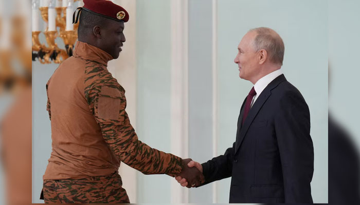 Russias President Vladimir Putin shakes hands with Burkina Fasos interim President Ibrahim Traore during a meeting following the Russia-Africa summit in Saint Petersburg, Russia, July 29, 2023.—Reuters