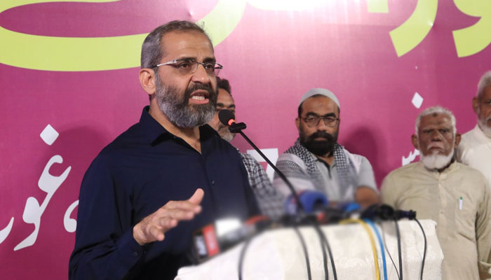 Jamaat-e-Islami Karachi Emir Monem Zafar  addressing JI workers during the inauguration of Shahrah-e-Dr Feroz on May 11, 2025. — Facebook@Khijamaat