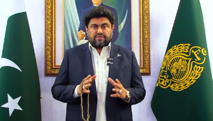 Sindh Governor Kamran Tessori gestures as he speak an event at Governors House on  May 11, 2025. — screengrab via Facebook@TeamKTessori