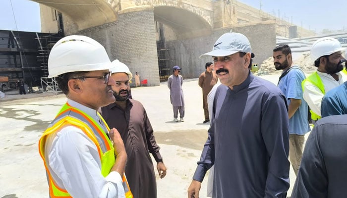 Irrigation Minister Jam Khan Shoro (centre) visits the excavation works at Sukkur Barrage on May 11, 2025. — Facebook@JamKhanShoroOfficial