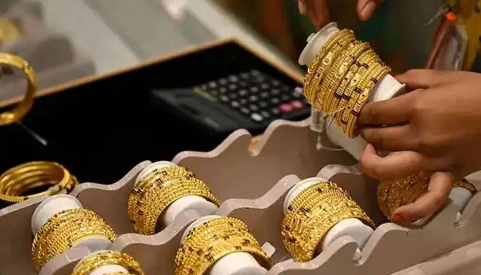 An undated image of gold jewelry displayed at a store. — AFP/File