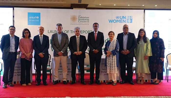 Participants pose for a group photo during launching ceremony of a report titled “Mapping Family-Friendly Workplace Policies in Pakistan,” on May 12, 2025. — Facebook@unwomenpakistan