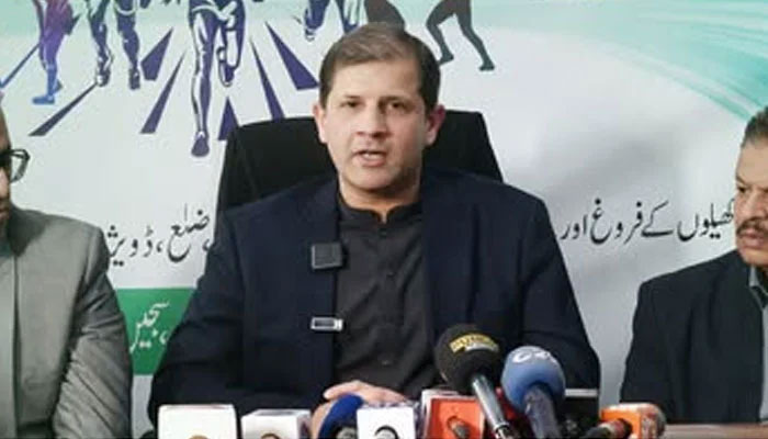 Youth Affairs and Sports Punjab DG Khizar Afzaal Chaudhry addresses a press conference at the National Hockey Stadium on January 24, 2025. — Facebook@SportsBoardPunjab