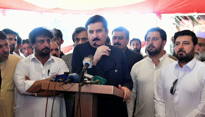 Khyber Pakhtunkhwa Governor Faisal Karim Kundi talking to reporters after offering condolences to the family of Pakistan Air Force martyred technician Muhammad Ayaz on May 14, 2025. — Facebook@FaisalKarimKundi