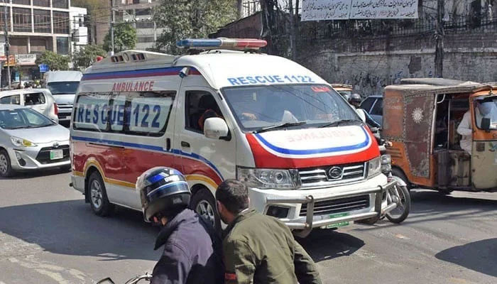 This representational image shows an ambulance stuck in traffic in Lahore on March 13, 2025. — Online