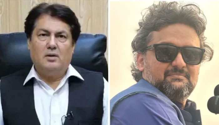 This collage shows adviser to Khyber Pakhtunkhwa Chief Minister Barrister Muhammad Ali Saif (left) and Pakistan Tehreek-e-Isaf leader Faisal Javed (right). — Screengrab via X@BaristerDrSaif/Facebook@ptifaisaljavedkhan/File