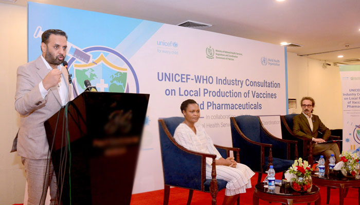 Federal Minister for Health Syed Mustafa Kamal addresses the UNICEF-WHO Industry Consultation on Local Vaccine and Pharmaceutical Production at a hotel on May 15, 2025. — APP