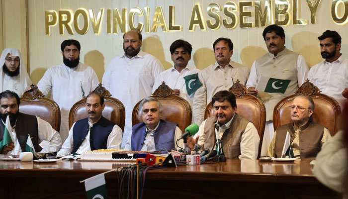 Punjab Assembly Speaker Malik Ahmad Khan (2nd right) addressing a ‘Day of Gratitude’ ceremony at Media Hall of the Punjab Assembly on May 16, 2025. — Facebook@MalikMAhmadKhan
