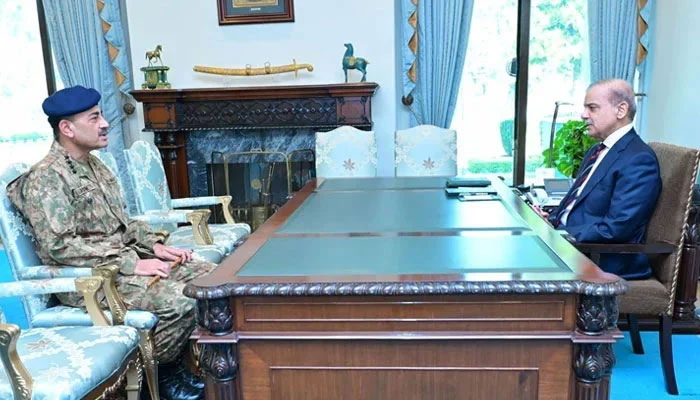 Prime Minister Shehbaz Sharif (right) and COAS General Asim Munir at the Prime Ministers House in Islamabad, on March 6, 2024. — PM Office