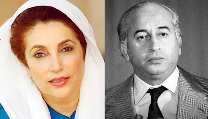 Former PM Benazir Bhutto and former PM Zulfiqar Ali Bhutto (right). — APP/File