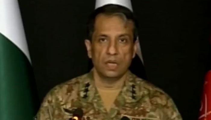 DG ISPR Lt Gen Ahmad Sharif Chaudhry is briefing the media at the GHQ in Rawalpindi on August 5, 2024. — Screengrab/YouTube/GeoNews
