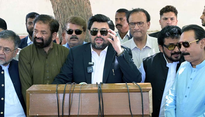 Sindh Governor Kamran Khan Tessori along with others talks with media persons during a press conference in Hyderabad on May 18, 2025. — PPI