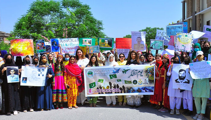 Teachers, students and staff of SBBWU are holding celebration demonstration to mark victory of Pakistan against India and celebrate the remarkable success of Pakistan Army Operation Bunyan-un-Marsoos, at university premises in Peshawar on May 19, 2025. — PPI