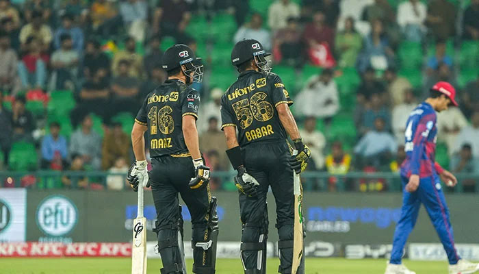 Peshawar Zalmi skipper Babar Azam and batter Maaz Sadaqat in action during their match against Islamabad United in the Pakistan Super League season 10 at Gadaffi Stadium, Lahore, May 2, 2025. — PCB