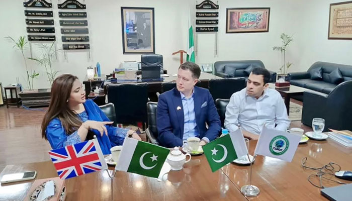 Head of the British High Commission Office in Lahore Mr Ben Warrington (centre) in a meeting with TDAP  Director General Ms Rafia Syed (left) on May 15, 2025. — Facebook@tdapofficial